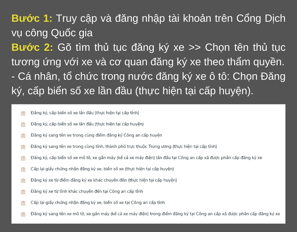 Bước 1,2 - Chủ sở hữu đăng nhập và tìm thủ tục đăng ký xe tương ứng