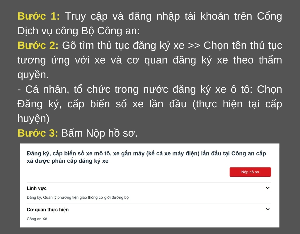 Chủ sở hữu đăng nhập cổng dịch vụ công Bộ Công An và nộp hồ sơ